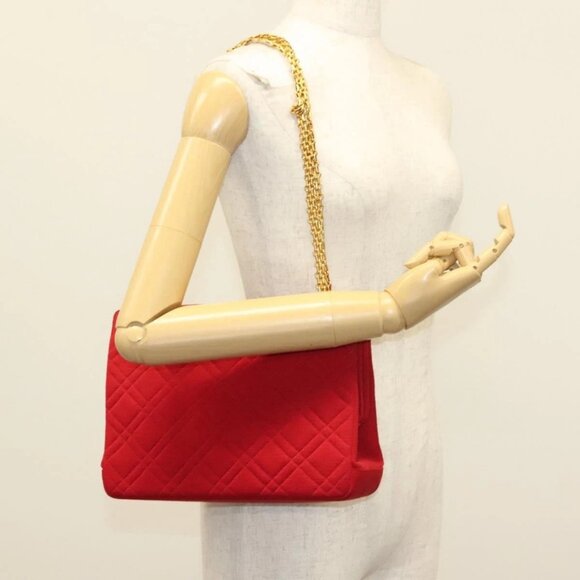 CHANEL Chain Shoulder Bag Cotton Vintage Red Gold CC Auth - Picture 1 of 15